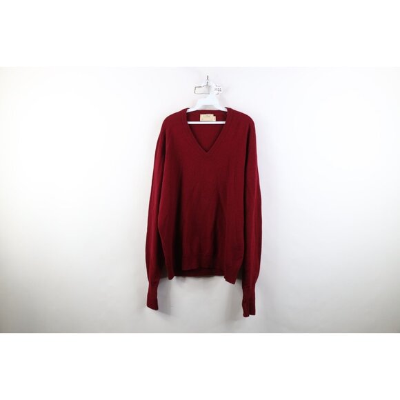Vtg 70s LL Bean Mens XLT Distressed Blank Lambswool Knit V-Neck Sweater Red USA
